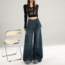 批发实拍2026春季热卖美式复古阔腿<b class='q'>牛仔</b>裤女高腰宽松褶皱垂感直筒裤女