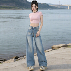 批发实拍2026<b class='q'>春</b>热卖浅色复古水洗直筒牛仔裤刺绣高腰宽松垂感阔腿裤女