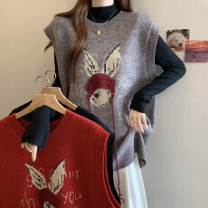 批发实拍 2025秋冬慵懒风宽松卡通<b class='q'>图案</b>马甲针织衫女大码百搭<b class='q'>背心</b>上衣