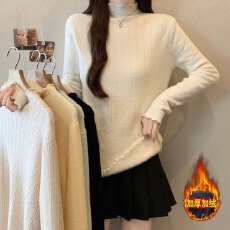 批发实拍2025秋冬新款花边领纹理加厚加绒针织<b class='q'>打底衫</b>大码百搭显瘦上衣