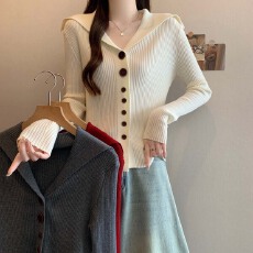 实拍 2025秋冬新款个性单排扣翻领百搭针织衫女大码减龄显瘦上衣