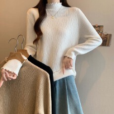 批发实拍 2025秋冬卷边半高领一体绒加厚针织<b class='q'>打底衫</b><b class='q'>大码</b>百搭显瘦上衣