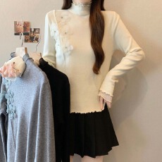 批发实拍 2025秋冬卷边拼接加厚立体装饰针织<b class='q'>打底衫</b><b class='q'>大码</b>百搭毛衣上衣