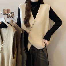 批发实拍 2025秋冬新款斜扣<b class='q'>百搭</b>个性针织马甲女大码宽松显瘦背心上衣