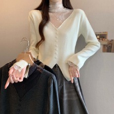 批发实拍2025秋冬新款网纱拼接单排扣针织打底衫<b class='q'>大码</b>百搭显瘦毛衣上衣