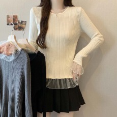 批发实拍2025秋冬新款圆领拼接网纱假两件打底<b class='q'>针织衫</b><b class='q'>大码</b>百搭显瘦上衣