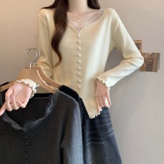 批发实拍2025秋冬新款拼接蕾丝单排扣洋气打底针织衫<b class='q'>大码</b>减龄显瘦上衣