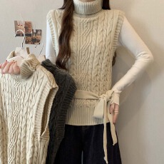 批发实拍2025秋冬<b class='q'>新款</b>高领无袖系绳麻花针织马甲大码宽松百搭<b class='q'>背心</b>上衣