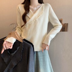 批发实拍 2025秋冬新款假两件翻领蕾丝打底针织衫<b class='q'>大码</b>百搭显瘦单上衣