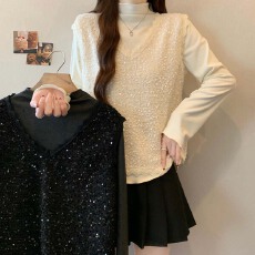 批发实拍 2025秋<b class='q'>冬</b>新款半高领打底T恤亮片马甲套装大码洋气百搭两件套