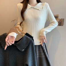 实拍 2025秋冬新款翻领个性设计百搭打底针织衫大码减龄显瘦上衣