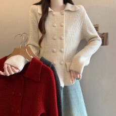 批发<b class='q'>实拍</b> 2026秋冬新款双排扣翻领个性针织衫毛衣<b class='q'>大码</b>显瘦百搭单上衣