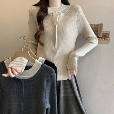 批发<b class='q'>实拍</b>2026早春新款假两件圆领拉链百搭针织衫毛衣<b class='q'>大码</b>休闲显瘦上衣