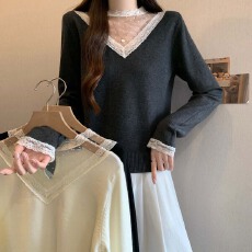 批发<b class='q'>实拍</b> 2026春秋新款V领拼接蕾丝百搭打底针织衫<b class='q'>大码</b>减龄显瘦上衣