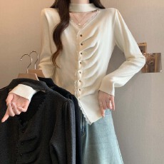 实拍 2026早春个性法式单排扣打底针织衫女大码减龄显瘦百搭上衣