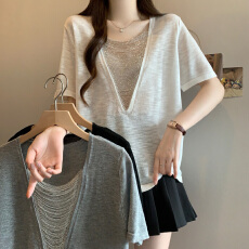 批发实拍 2026夏季新款个性V领法式冰丝<b class='q'>针织衫</b>女<b class='q'>大码</b>百搭显瘦清凉上衣