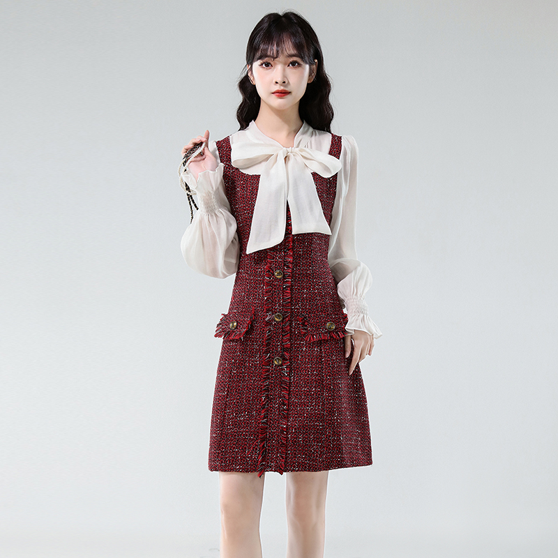 秋冬新款飘带气质小香风轻奢拼接连衣裙红色裙 服裝批發女裝批發服飾貨源