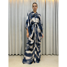 批发2026春新外贸法式复古衬衣领蝙蝠连肩袖连衣<b class='q'>裙</b>个性印花褶皱连衣<b class='q'>裙</b>