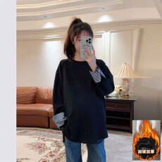 批发秋冬加绒款孕妇装秋冬新款长袖卫衣宽松中长款上衣洋气假两件卫衣