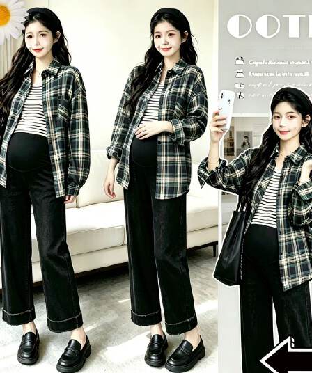 실사 지금 출산 착용 이른 가을 새로운 체크무늬 셔츠 스트라이프 조끼 복부 지지 청바지 세트