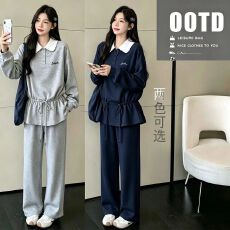 预售实拍新款孕妇装宽松款抽绳刺绣娃娃领秋冬韩系时尚孕妈套装
