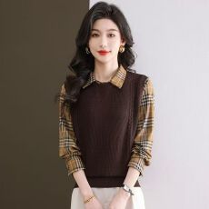 批发2026翻领春<b class='q'>秋</b>新款时尚针织衫针织格子假两件打底拼接上衣宽松毛衣