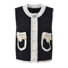 批发赫本风撞色圆领无袖针织开衫女高级感气质钉珠马甲背心上衣新款
