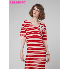 批发2026年春夏新品翻领撞色条纹连衣裙针织女长款