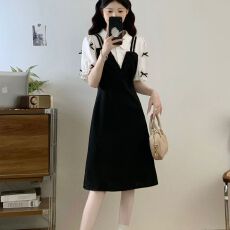 批发夏季时尚气质假两件polo领连衣裙夏季学院风收腰遮肚<b class='q'>中长款</b>裙子潮