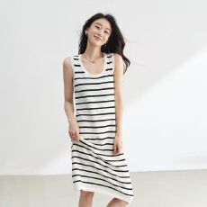批发2026时尚春夏新款气质宽松黑白条纹针织无袖背心连衣裙女<b class='q'>中长款</b>