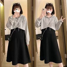 批发孕妇装秋冬新款孕妇套装时尚辣妈网红假两件套连帽背心连衣裙