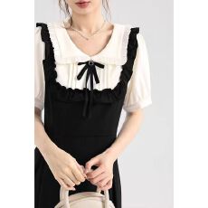 批发大码胖mm黑色<b class='q'>假两件</b>显瘦连衣裙夏季女装a字长裙娃娃领裙子