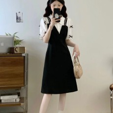 批发夏季时尚气质假两件polo领连衣裙夏季学院风收腰遮肚<b class='q'>中长款</b>裙子潮