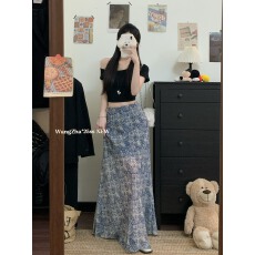 批发实拍实价  高级青花瓷印花网纱包臀<b class='q'>半身裙</b>卡没性感复古鱼尾长裙