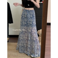 批发实拍实价  高级青花瓷印花网纱包臀<b class='q'>半身裙</b>卡没性感复古鱼尾长裙