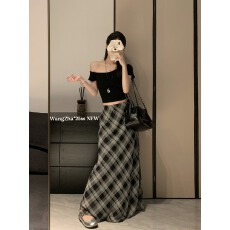 批发实拍实价  夏季新款黑色格子印花网纱包臀半身裙复古鱼尾长裙半裙