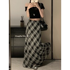 批发实拍实价  夏季新款黑色格子印花网纱包臀半身裙复古鱼尾长裙半裙