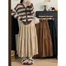 批发实拍实价  咖色镂空花边半身裙麂皮绒遮胯高腰蛋糕裙百搭中<b class='q'>长裙</b>