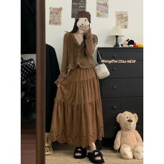 批发实拍实价  咖色镂空花边半身裙麂皮绒遮胯高腰蛋糕裙百搭中<b class='q'>长裙</b>