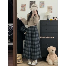 实拍实价  秋冬格子毛呢阔腿裤高腰八分裤直筒休闲松紧腰靴裤