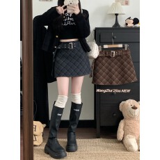 批发实拍实价 秋冬加厚毛呢复古格子粗腰带高腰防走光A字裙半身裙