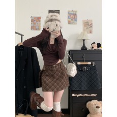 批发实拍实价 秋冬加厚毛呢复古格子粗腰带高腰防走光A字裙半身裙