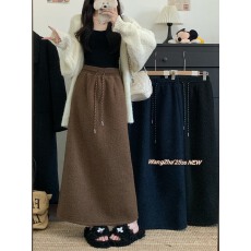 批发实拍实价 秋冬新款洋气松紧腰抽绳高腰百搭外穿羊羔绒休闲长裙