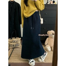 批发实拍实价 秋冬新款洋气松紧腰抽绳高腰百搭外穿羊羔绒休闲长裙