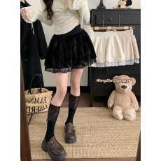 批发实拍实价  秋冬新款纯色甜美毛绒显瘦百搭短裙蕾丝拼接半身蛋糕裙