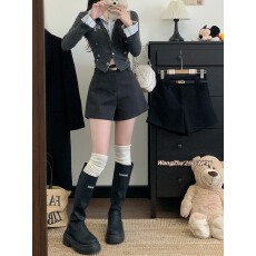 批发实拍实价 秋冬辣妹纯色毛呢A字<b class='q'>短裤</b>高级感显瘦休闲深灰色热裤靴裤