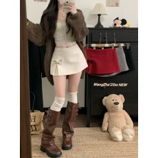 批发实拍实价   纯色立体蝴蝶结a字半身裙女秋冬百搭显瘦毛呢短裙