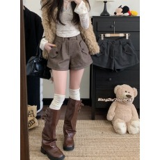 批发实拍实价 秋冬新款高级感英伦风<b class='q'>短裤</b>美式中古风靴裤深咖色热裤