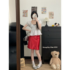 批发实拍实价   甜美波点泡泡袖短袖T+红色缎面短裙中裙