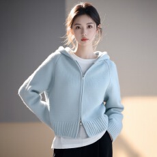 批发独特洋气宽松长袖<b class='q'>针织</b>连帽<b class='q'>开衫</b>女秋冬加厚高级感双拉链外套毛衣